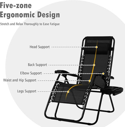 Tangkula Set of 2 Zero Gravity Chair, Folding Patio Lounge Chair Adjustable Outdoor Recliner with Cup Holder, Wide Armrest for Patio Garden Poolside Outdoor Yard Beach, Support 350 lbs (2, Black)