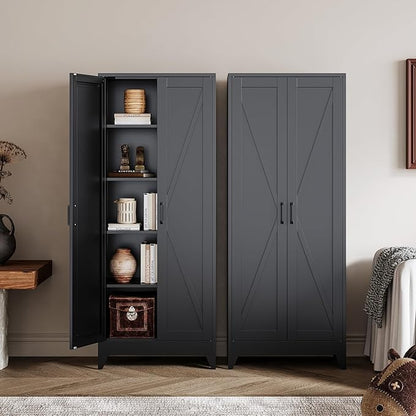 Black Tall Farmhouse Metal Pantry Linen Storage Cabinet and Organizers