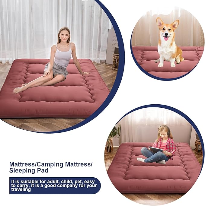 Japanese Floor Mattress,Thicken Japanese Floor Sleeping Pad Foldable,Roll Up Tatami Mat Easy to Store and Portable,Futon Mattress Suitable for Camping and Guest Room (Khaki, Queen (80" X 60"))