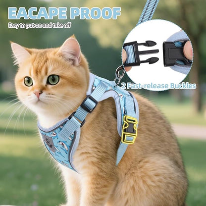 PUPTECK Cat Harness and Leash Set Escape Proof Reflective Cat Walking Harness Adjustable Soft Breathable Mesh Vest for Small Pets, Blue Sharks, M