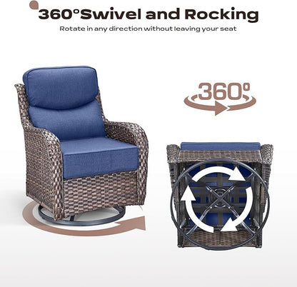 Rilyson Wicker Outdoor Patio Furniture Set - 7 Piece Patio Conversation Sets with Swivel Rocker Chairs, Ottomans and Sofa, 6 inch Cushions, Waterproof Wicker, for Porch Deck Brown/Blue