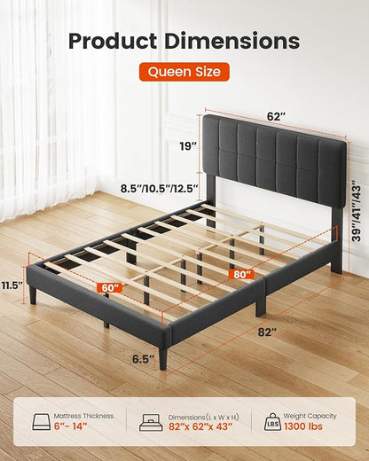 Amada Queen Platform Bed Frame with 12 Thickened Legs & Adjustable Fabric Upholstered Headboard, Solid Wooden Support 1300 Lbs Weight Capacity, No Box Spring Needed/Easy Assembly/Underbed Storage