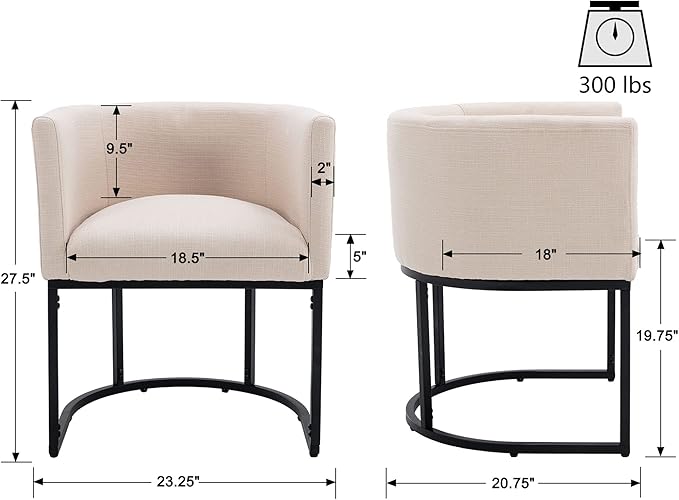 VESCASA Upholstered Dining Chairs with Barrel Back, Modern Padded Restaurant Chairs with Black Metal Frame for Dining Room, Kitchen, Set of 4, Linen Cream