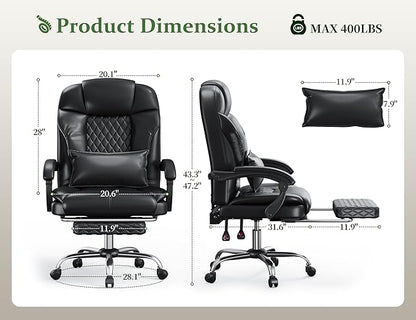 Big and Tall Office Chair 400lbs - Executive Ergonomic Desk Chair with Footrest, High Back Reclining Leather Chair with Lumbar Support for Home Office, Black