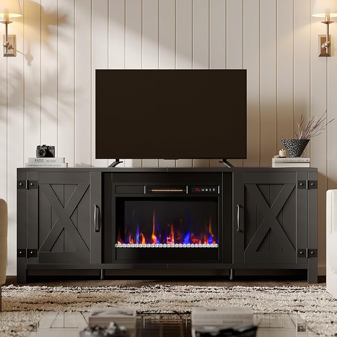 Bestier 63" Fireplace TV Stand for TVs Up to 70", Farmhouse Barn Door