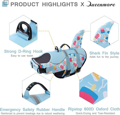 Shark Dog Life Vest for Swimming, Boating, Kayaking, Surfing, Canoeing - High Buoyant Dog Life Jacket, Ripstop High Flotation Swimsuit for Small, Medium, Large Dogs (Blue Ice Cream, S)