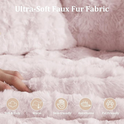 55" W Oversized Round Chaise Lounge Chair with Ottoman Indoor Boneless Faux Fur Plush Fluffy Circle Couch Soft Comfy Cozy Cloud Reading Chair with 5 Pillows for Living Room, Playroom, Bedroom - Pink