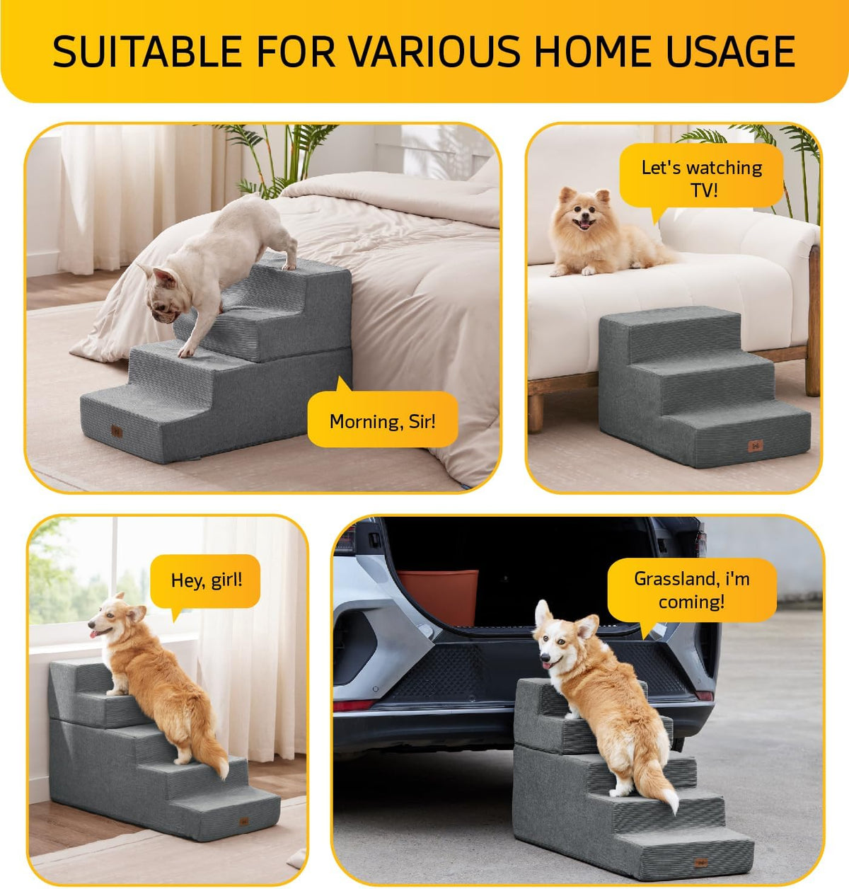 Dog Stairs for Bed, Dog Steps for Bed Couch Sofa, 35D Foam Pet Steps for Small Dogs and Cats, Extra Wide Pet Stairs with Non-Slip Bottom Grey, 3 Steps