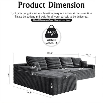 3-Piece Boneless Modular Sectional Sofa, Cloud Couch with Left Facing Chaise, Oversized Deep Seat, Soft Corduroy Fabric, Sectional Couch for Living Room-Grey