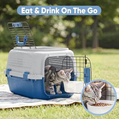 DUMOS 23" Hard-Sided Pet Carrier for Small Dogs & Cats, Airline Approved Travel Crate with Enhanced Security Latches, Front & Top Load Wire Door, Food Bowl for Traveling, Hiking, Camping, Blue