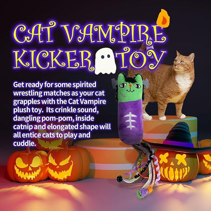 All for Paws Halloween Cat Gift Set – 4 Pack Cat Toys for Indoor Cats, Treat Dispenser, Lick Mat, Kicker & Wand