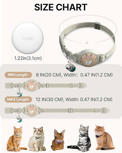 Cat Tracker Collar - Waterproof Airtag Cat Collar with Finder Tag (iOS ONLY), Compatible with Apple Find My, Breakaway Tractive Design with Reflective Pattern & Bell, Khaki(Not for Android Devices)