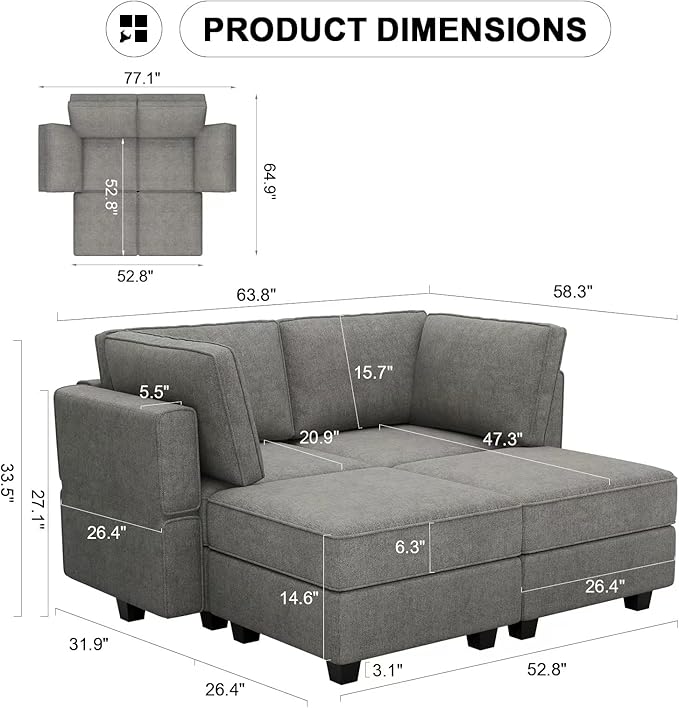 Bellfin Modular Sectional Sleeper Sofa Convertible Sofas with Storage Ottomans Small Sectional Couches for Living Room. Light Grey Couch