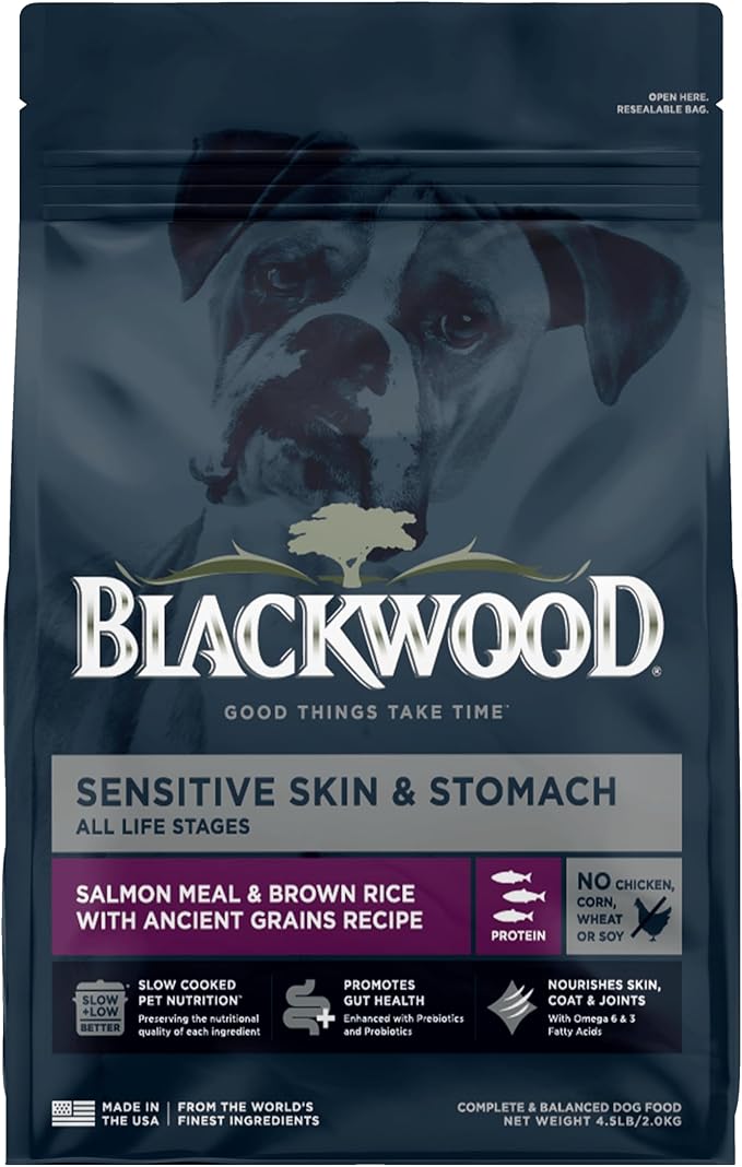 Blackwood Sensitive Skin & Stomach Dry Dog Food, Salmon Meal & Brown Rice with Ancient Grains, 4.5 Pound Bag with Prebiotics & Probiotics to Promote Gut Health