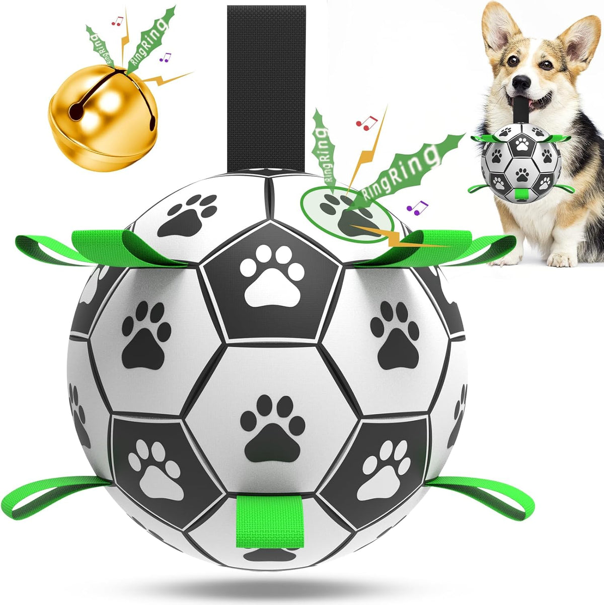 QDAN Dog Soccer Balls Toy with Bell Inside, Outdoor Interactive Toys for Tug of War, Puppy Birthday Gifts, Water Toy, Durable Ropes Squeaky Ball for Small Medium Dogs （6 INCH）