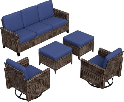 COOS BAY Harbor Retreat 5 Piece Outdoor Furniture Set, Patio Conversation Set with w/Swivel Rocking Chairs, 3 Seat Couch and Ottomans, Wicker Furniture, Brown/Blue