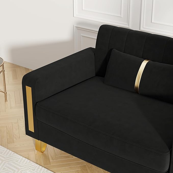 Couch 85.62" 3 Seats Sectional Velvet Fabric Sofa Easy Assemble Sofa Bed with 2 Couch Pillows,Gold Metal Legs for Living Room (P17, Black（3+1）)
