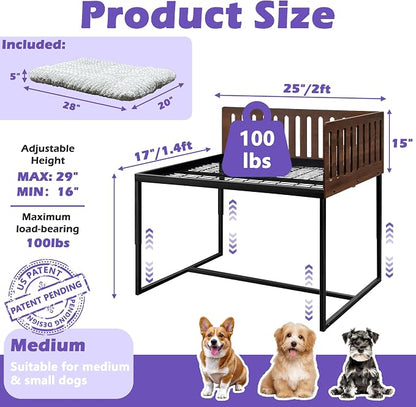 Beside Dog Bed,2 Panels Adjustable Height Dog Bunk Beds,25.6‘’x18.1‘’Metal Dogs Bed Frame with Removable Cushion,Medium (Medium)
