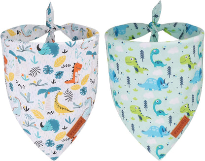 PTDECOR Dinosaurs Dog Bandana, Dinosaurs Design Reversible Pet Scarf Bib, Premium Durable Fabric, Adjustable White Green Bandanas for Small Dogs Puppies Cats(Small)