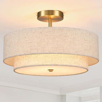 18" Semi Flush Mount Ceiling Light with Fabric Lampshade Modern Drum Ceiling Lamp Gold Ceiling Light Fixture for Dining Room Kitchen Bedroom Living Room