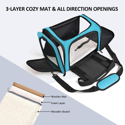 Pet Carrier for Small Medium Cats Puppies up to 15 Lbs, Airline Approved Small Dog Travel Puppy Carrier Soft Sided, Collapsible - Blue