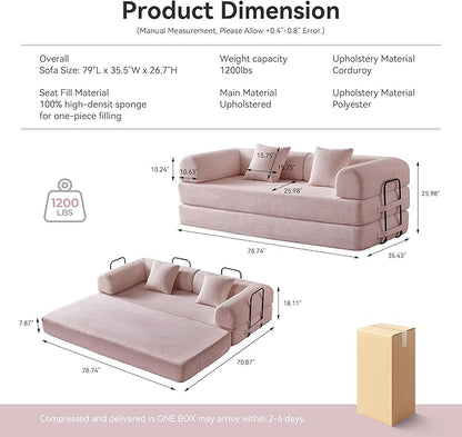 ZQRhome 79" 5-in-1 Convertible Sofa Bed, Luxe Sleeper with Reinforced Frame & Plush Support, No Assembly Corduroy Couch for Lounge, Bedroom & Dorm, Pink