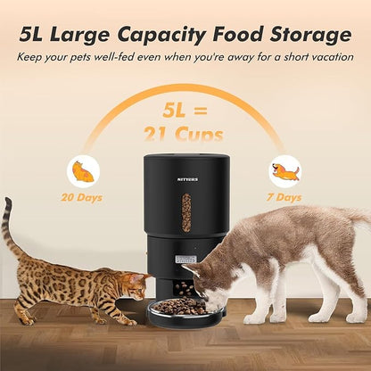Automatic Cat Feeder - 5L Anti-Clog Cat Food Dispenser Keeps 2-15mm Dry Food