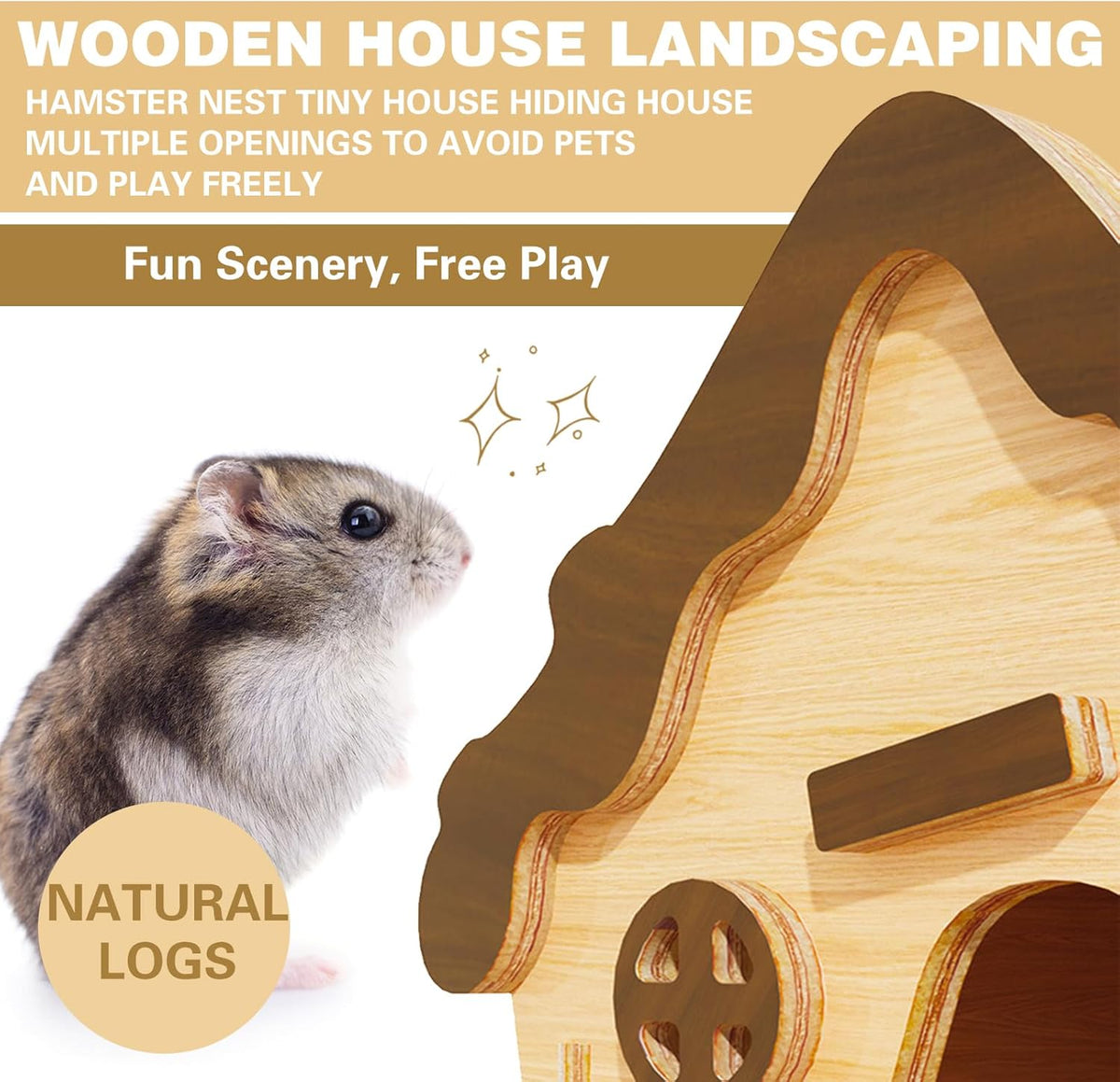 Wooden Hamster Platform and Dwarf Hamster House,Cute Syrian Hamster Tiny House Hideout,Large Balcony Lookout Holes,for Dwarf Gerbils and Mouse Mice Rat Other Small Animals(E)