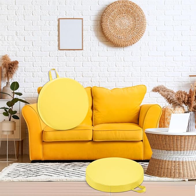 Sawysine 2 Pcs 14 Inch Floor Cushions with Handle, Flexible Round Floor Seating Pillows for Home School Classroom Kindergarten Daycare Nursery, 2 Inch Thick (Yellow)