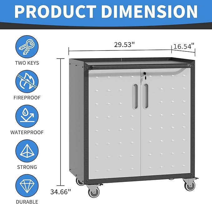 Metal Storage Cabinet with Wheels, Rolling Tool Cabinet with Doors and Shelves
