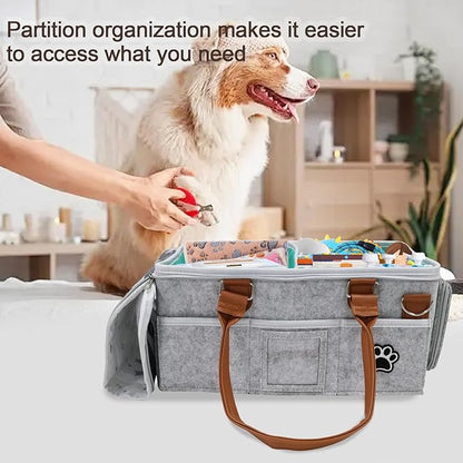 Felt Dog Grooming Bag,Portable Tote Bag for Dog and Cat,Puppy Storage Organizer for Grooming Tool Kit,3 Compartments Pet Stuff Oganizer with 8 Pockets