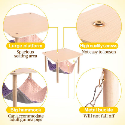 Enlarged Guinea Pig Hammock with Wooden Stand,Small Animal Hanging Bed Large Platform for Guinea Pigs Bunny Ferret Hamster Hiding Sleeping 13L x 13W x 11H in