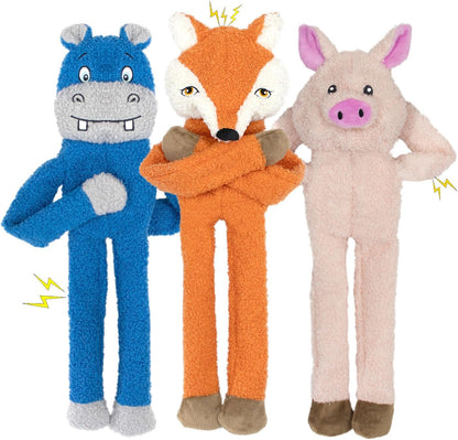 3 Pack No Stuffing Crinkle Squeaky Interactive Plush Dog Toys for Aggressive Chewers to Keep Puppy Busy for Boredom Small & Medium Breeds Furry Friend Teething Orange Fox Pink Pig Blue Hippo