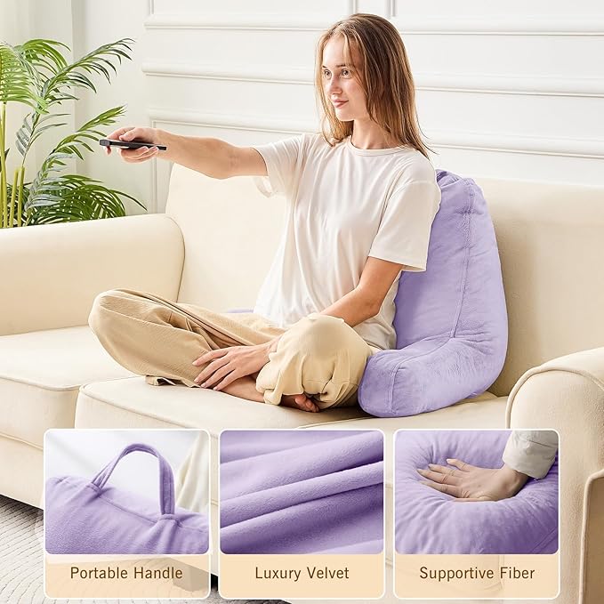 Sasttie Reading Pillow, Velvet Back Pillow for Bed Sitting Up, Adult Back-Rest Support Cushion with Arms for Sit Up on Couch, Sofa, and Floor, Dorm Essentials, Reading Accessories, Lavender