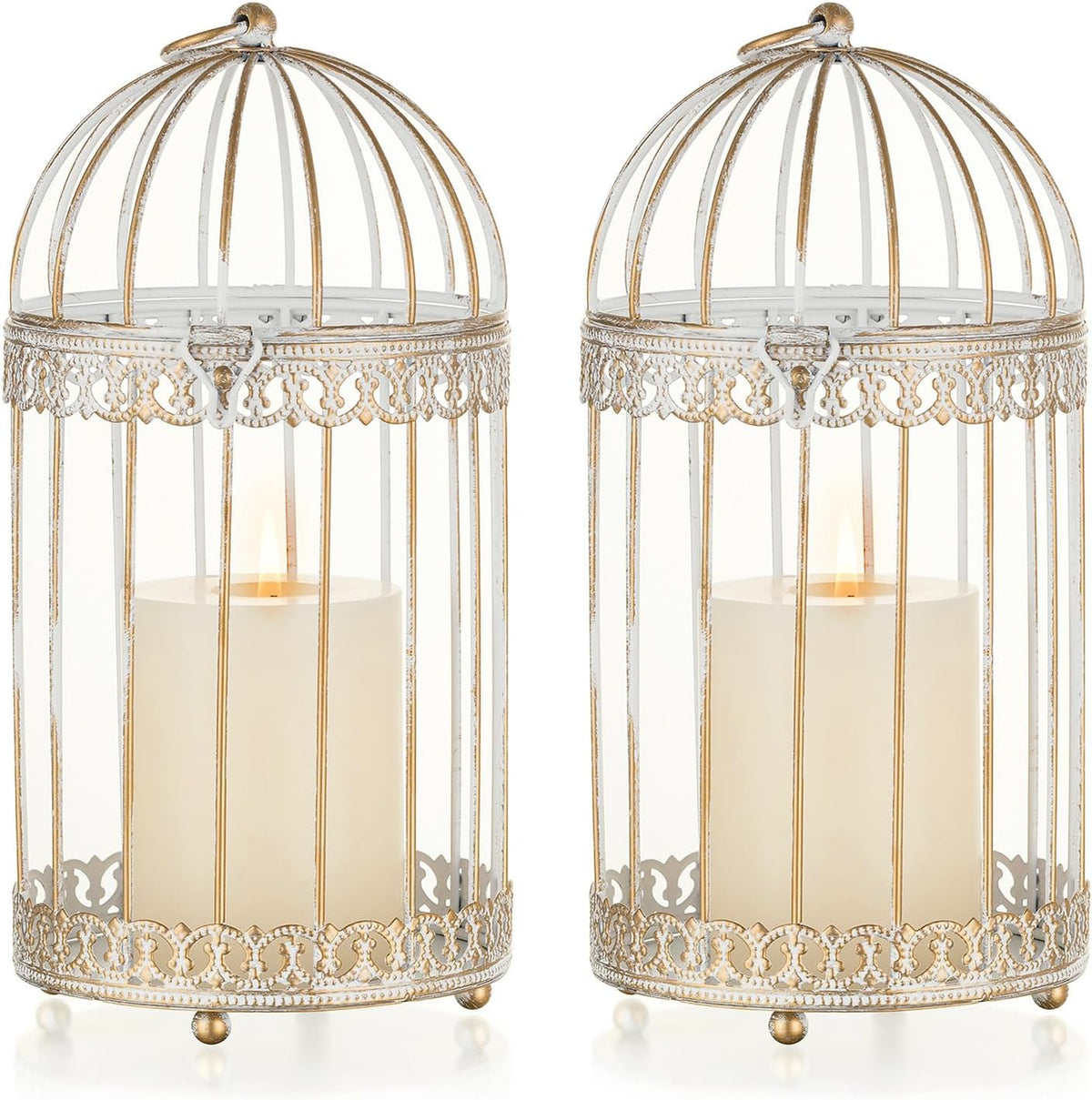 NUPTIO Decorative Bird Cage Lantern: 2 Set of 10 inch Tall Rustic White Birdcage Lanterns Centerpiece Vintage Decorating Metal Pillar Candle Holder for Christmas Bridal Shower Party Decor