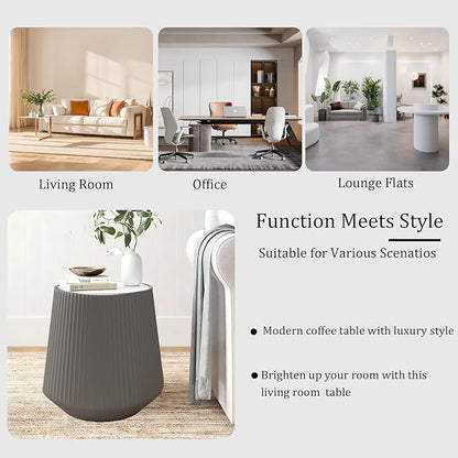 Round Coffee Table Set with Sintered Stone Tabletop, 26.77" Grey Drum Center Table and 19.68" Grey Coffee Table Set, 2 Pieces Living Room Table Set with Fluted PU Leather Cover& Stable Base