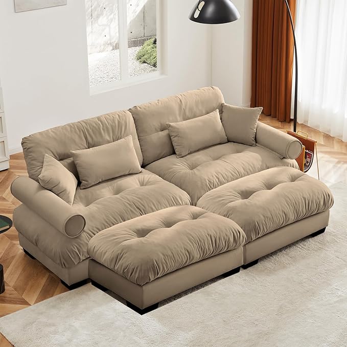 93.7" Loveseat Sofa, 2 Seater Modular Sectional Sofa, Camel Large U Shaped Sectional Couches for Living Room, Fluffy Couch, Love Seat, Velvet Cloud Couch with Ottoman, Deep Seat Sofas for Living Home