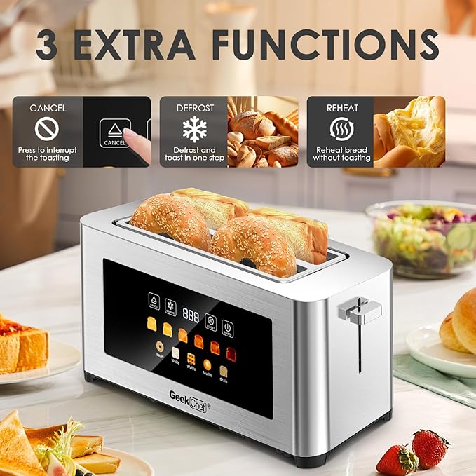 Geek Chef Long Slot Toaster 4 Slice, 1.5" Touch Screen Extra Wide Slots