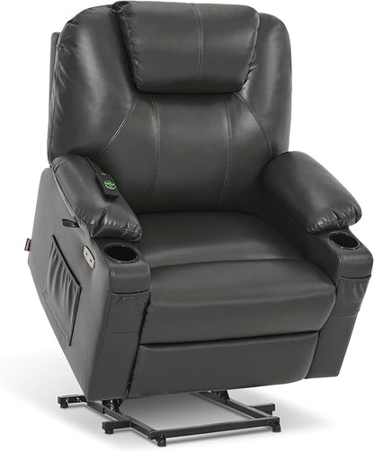 MCombo Extra Wide Power Lift Recliner Chair for Elderly, Lift Chair with Heat and Massage for Big People, USB&Type C Ports, Cup Holders, Faux Leather R7045 (Grey, Medium-Wide)