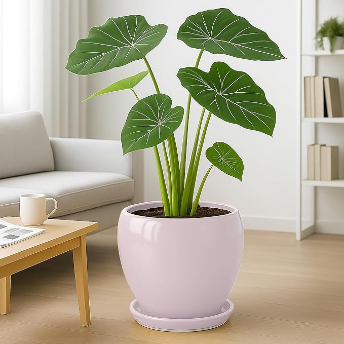 Deep Dream 10 Inch Plant Pot- Ceramic Planter Pot Round Plant Pots for Indoor Plants Outdoor Large Flower Pot with Drainage Holes & Trays, Pink