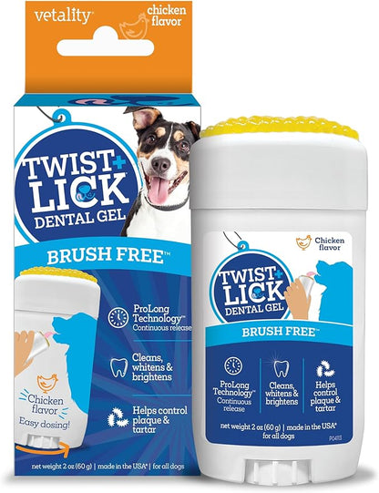 Twist + Lick Dental Gel for Dogs, Cleans Teeth and Freshens Breath for 24 Hours, Chicken Flavor, 2 oz, 30 Day Supply