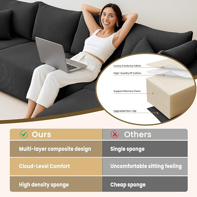Oversize 131” Boneless Couch for Living Room, Comfort U Shaped Cloud Couch Sectional, Extra Deep Seats Corduroy Modular Sectional Sofa No Assembly,Black