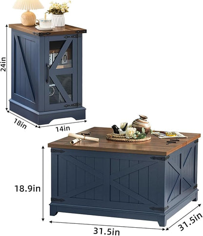 Farmhouse Coffee Table Sets 3 Pieces, Narrow Night Stand with Glass Barn Door Storage, Large Coffee Tables with Hidden Storage Organizer, Wood Furniture Sets for Living Room, Office, Blue