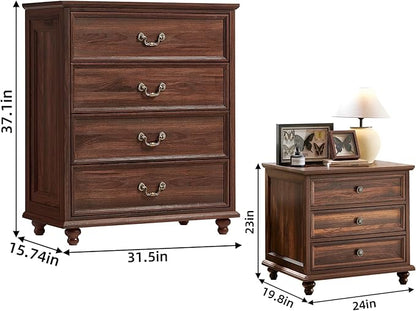 24" Wide Farmhouse Nightstand Set of 2, 54" 7 Drawers Dresser, 37" Tall Rustic Chests of Drawers w/ 4 Solid Wood Feet, Farmhouse Furniture Series for Living Room,Bedroom,Brown
