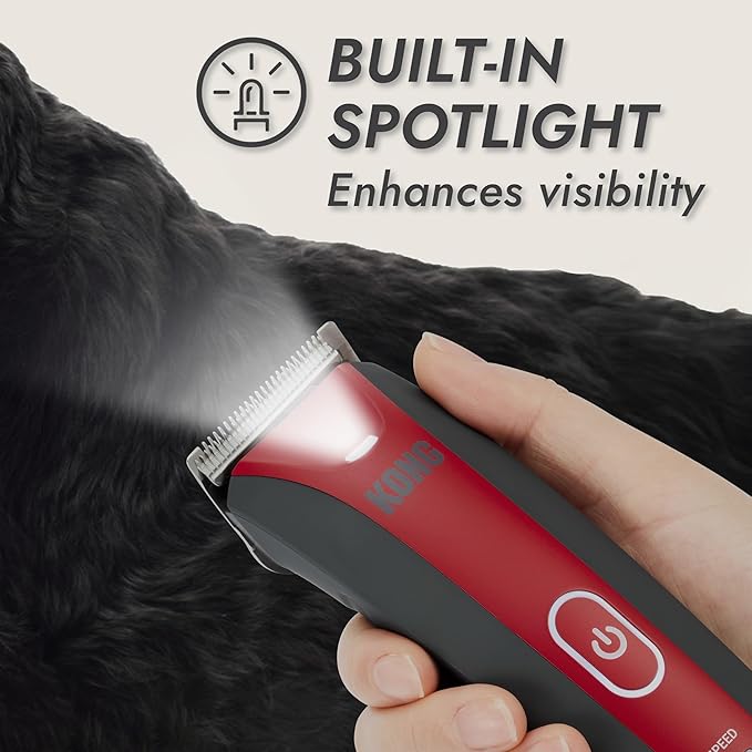 KONG 2-Speed Dog Clipper Grooming Kit – Stainless Steel Blade, Waterproof, LED Spotlight, 6 Guide Combs, 8-Foot Cord, Ergonomic Handle – Red/Gray, Medium Coat Types
