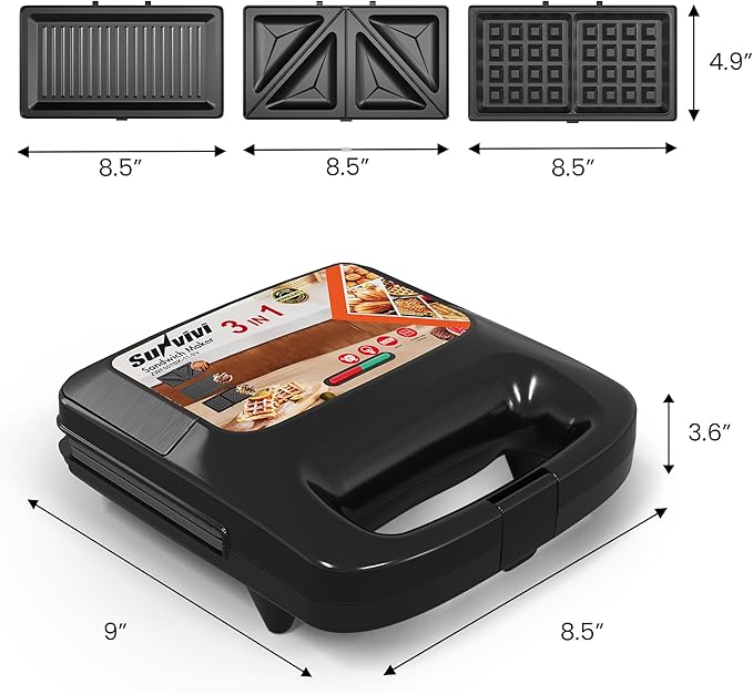 Sunvivi 3 in 1 Electric Sandwich Maker: Panini Press Grill and Waffle Iron Set