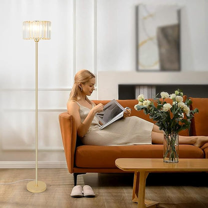 HMVPL Gold Floor Lamp for Living Room, Modern Floor Lamp with K9 Crystal Shade, Brass Standing Lamp with On/Off Switch,Mid Century Tall Lamp Crystal Pole Lamp for Bedroom Corner Office Nursery Reading