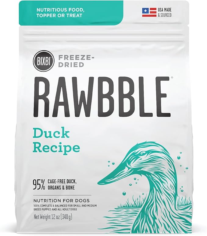 BIXBI Rawbble Freeze Dried Dog Food, Duck Recipe, 12 oz - 95% Meat and Organs, No Fillers - Pantry-Friendly Raw Dog Food for Meal, Treat or Food Topper - USA Made in Small Batches