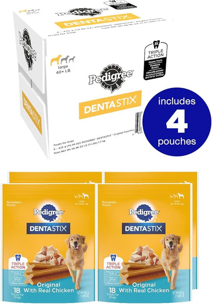 Pedigree Dentastix Large Breed Dog Treats, Original Flavor, (4) 18ct Bags (72 Total Treats)