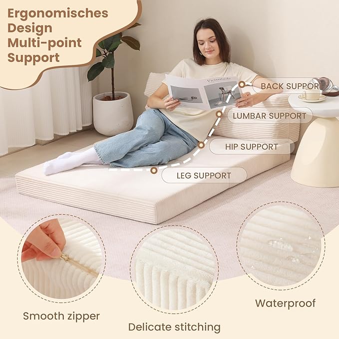 Folding Sofa Bed, Convertible Sleeper Chair with Pilow Foldable Matress, 2 in 1 Pull Out Loveseat Sofa Portable Fold Out Chair Bed Floor Couch Lounge for Living Room Bedroom (Beige, Twin)